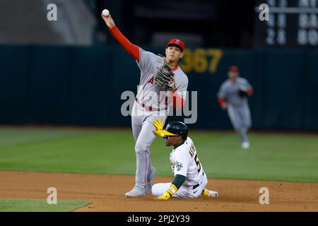Los Angeles Angels shortstop Gio Urshela (10) throws out St. Louis  Cardinals' Dylan Carlson (3) at first in the sixth inning of a baseball  game on Wednesday May 3, 2023, in St.