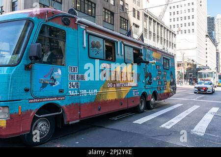 New York, USA. 30th Mar, 2023. Mitzvah Tank Parade on 5th Avenue in New York on March 30, 2023 for upcoming Jewish holiday of Passover. Chabad Lubavitch Mitzvah Tank Organization is the sponsor of the Annual NYC Mitzvah Tank Parade. (Photo by Lev Radin/Sipa USA) Credit: Sipa USA/Alamy Live News Stock Photo