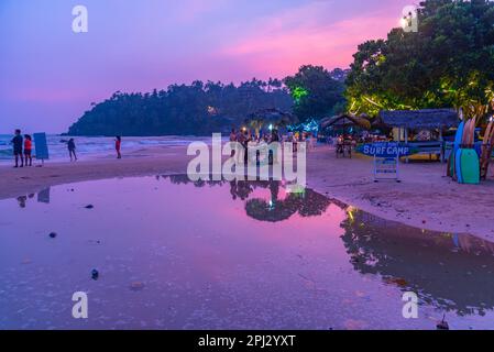 Mirissa, Sri Lanka, January 22, 2022: Sunset view of a beach restaurant at Mirissa beach, Sri Lanka. Stock Photo