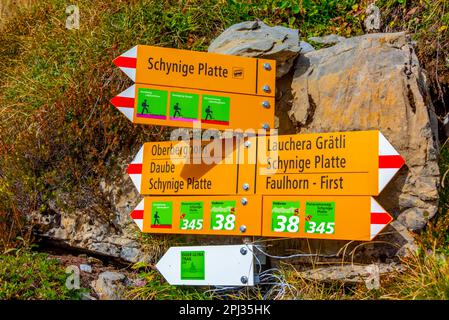 Interlaken, Switzerland, September 23, 2022: Tourist signs at Schynige Platte in Switzerland. Stock Photo
