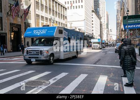 New York, United States. 30th Mar, 2023. Mitzvah Tank Parade on 5th Avenue in Manhattan for the upcoming Jewish holiday of Passover. Chabad Lubavitch Mitzvah Tank Organization is the sponsor of the Annual NYC Mitzvah Tank Parade. (Photo by Lev Radin/Pacific Press) Credit: Pacific Press Media Production Corp./Alamy Live News Stock Photo