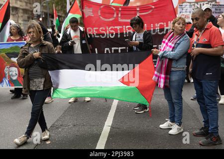 Buenos Aires, Argentina. 30th Mar, 2023. Social, political and cultural organizations carry out a mobilization in front of the Israeli Embassy, ??in response to a call from the Argentine Committee for solidarity with the Palestinian people and the Federation of Argentine-Palestinian Entities, with the aim of remembering Earth Day Palestine. (Photo by Esteban Osorio/Pacific Press) Credit: Pacific Press Media Production Corp./Alamy Live News Stock Photo