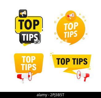 Megaphone label set with text top tips. Top tips announcement banner Stock Vector
