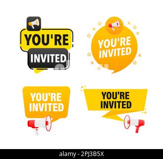 Megaphone label set with text you are invited. You are invited announcement banner Stock Vector