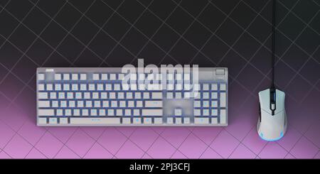 Computer Gaming PC keyboard neon light Futuristic modern workplace 3d render Stock Photo