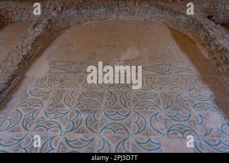 Soria, Spain, June 5, 2022: Ancient mosaics at Villa Romana La Dehesa near Soria, Spain. Stock Photo