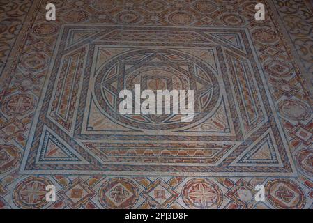 Soria, Spain, June 5, 2022: Ancient mosaics at Villa Romana La Dehesa near Soria, Spain. Stock Photo