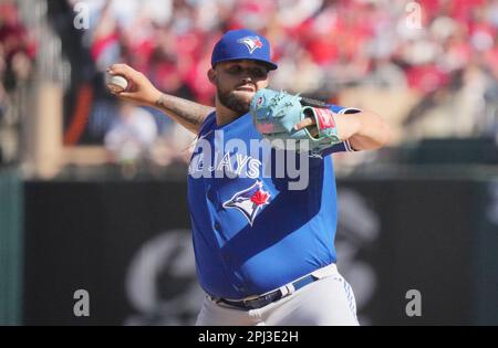 Toronto Blue Jays starting Pitcher Alek Manoah delivers a pitch to the St. Louis Cardinals in the first inning at Busch Stadium in St. Louis on Thursday, March 30, 2023. Photo by Bill Greenblatt/UPI Stock Photo
