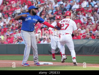 Toronto Blue Jays' Vladimir Guerrero Jr. (27) is congratulated for his solo  home run against the Boston Red Sox during the first inning of a baseball  game Friday, Aug. 4, 2023, in