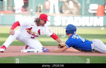 St. Louis, United States. 30th Mar, 2023. St. Louis Cardinals Brendan Donovan Tags out Toronto Blue Jays Matt Chapman at second base in the third inning at Busch Stadium in St. Louis on Thursday, March 30, 2023. Photo by Bill Greenblatt/UPI Credit: UPI/Alamy Live News Stock Photo