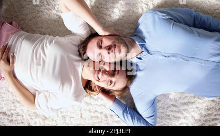 Romantic Happy Carpet Relaxing On Carpet Floor Stock Photo