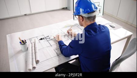 Civil Engineer Drawing Architecture Plan Blueprint And Design Stock Photo