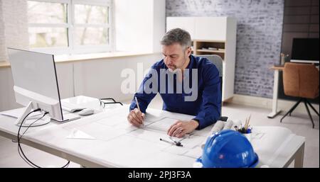 Architect Engineer Drawing Architectural Construction Plan In Office Stock Photo