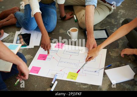 Many hands make light work. a group of businesspeople brainstorming around a placard. Stock Photo