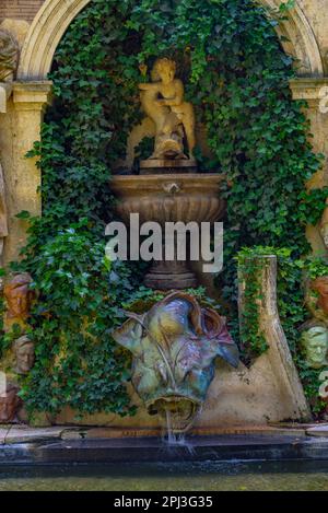 Pubol, Spain, May 26, 2022: Fountain at Castell Gala Dali de Pubol. Stock Photo