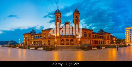 San Sebastian, Spain, June 1, 2022: Night view of Town hall in the old town of San Sebastian, Spain. Stock Photo