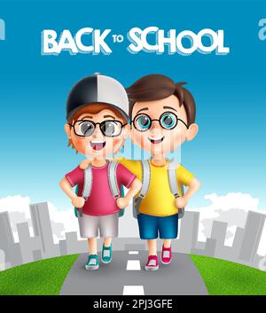 Back to school vector design. Back to school text with student boy characters walking outdoor. Vector illustration student characters background. Stock Vector