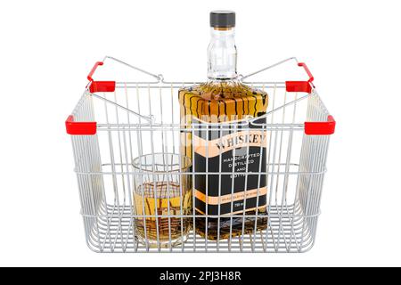 Whiskey bottle and full glass of whiskey inside shopping basket, 3D rendering isolated on white background Stock Photo