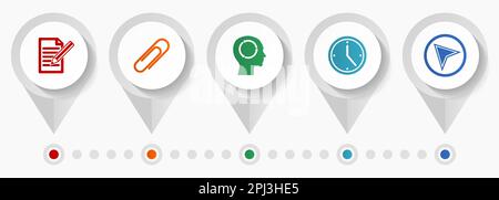 Education icon set, miscellaneous pointer icons such as register, attach, head, clock and navigation arrow for webdesign and mobile applications, flat Stock Vector