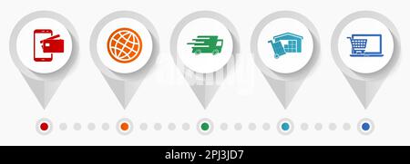 Commerce icon set, miscellaneous pointer icons such as credit card, globe, truck, storage and online shop for webdesign and mobile applications, flat Stock Vector