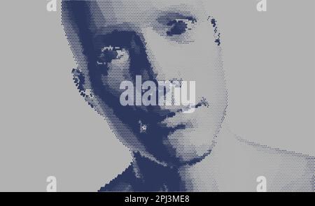 Abstract man head made from dots. Cover design template. Facial recognition. Technology concept. Cyber security vector illustration. 3D vector illustr Stock Vector