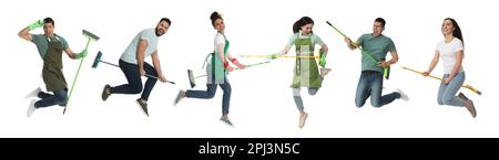 Collage with photos of happy people with brooms on white background. Banner design Stock Photo