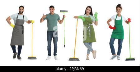 Collage with photos of happy people with brooms on white background. Banner design Stock Photo