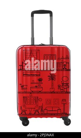 Red suitcase with drawing of house on white background. Moving concept Stock Photo