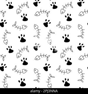 Cat paw, fish bone Seamless Pattern white background. Vector illustration. Animal cute pattern. Wallpaper and fabric design and decor. Stock Vector