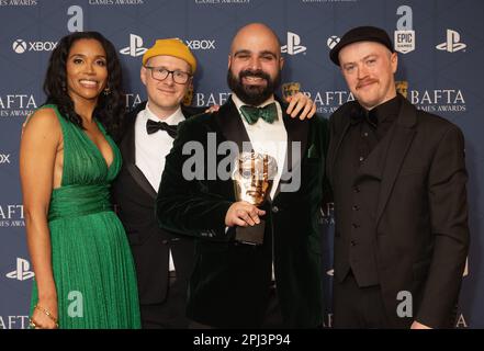 L-R) Corporate Vice President of Xbox, Sarah Bond, Andrew Fray, Andreas Yiannikaris and Drew Jones with the British Game Award during the BAFTA Games Awards at the Queen Elizabeth Hall, Southbank Centre, London. Picture date: Thursday March 30, 2023. Stock Photo