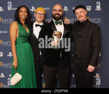 L-R) Corporate Vice President of Xbox, Sarah Bond, Andrew Fray, Andreas Yiannikaris and Drew Jones with the British Game Award during the BAFTA Games Awards at the Queen Elizabeth Hall, Southbank Centre, London. Picture date: Thursday March 30, 2023. Stock Photo