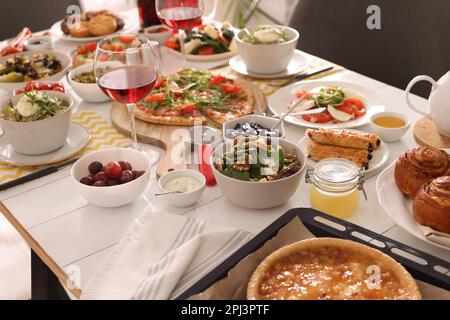 Many different dishes served on buffet table for brunch Stock Photo