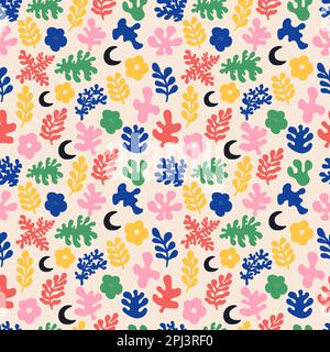 Groovy abstract art seamless pattern. Matisse random organic shapes silhouettes in trendy retro 60s 70s style Stock Vector