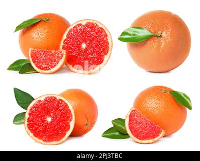Set with whole and cut ripe juicy grapefruits on white background Stock Photo