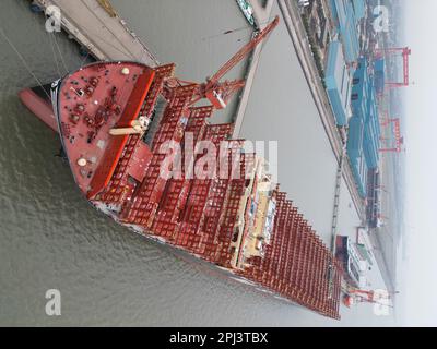 Outfitting Shipping Containers SUZHOU, CHINA - MARCH 29, 2023 - Xinfu 104, the world's largest ...
