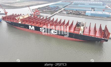 Outfitting Shipping Containers SUZHOU, CHINA - MARCH 29, 2023 - Xinfu 104, the world's largest ...
