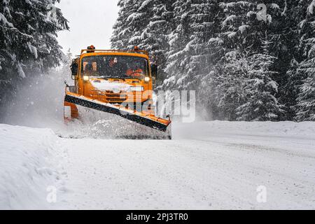 Orange maintenance plough truck on forest road after snowstorm blizzard. Roads get dangerous during winter (driver face blurred) Stock Photo