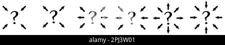 Arrows pointing to question mark icon. Version with outward and inward points. Stock Vector