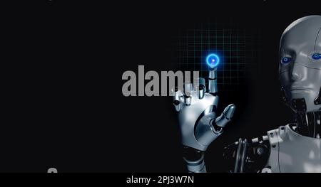 3d rendering smart humanoid robot touching finger on glowing virtual digital button on network screen on dark background with copy space. AI learning, Stock Photo