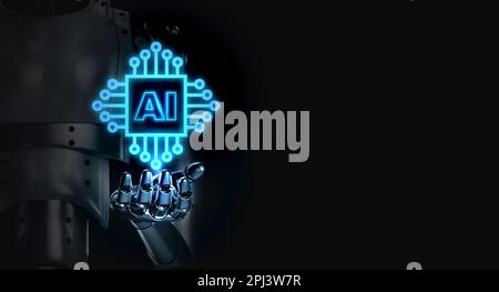 Glowing AI digital computer chip touching by 3d rendering robot hand on dark background with copy space. Artificial intelligence system processor, mic Stock Photo