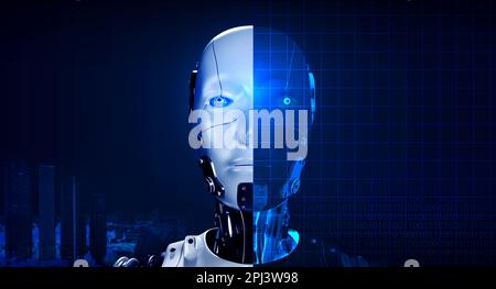 Reality robot face on cityscape and a half transparent face, front view, on digital binary code on blue network background, AI, artificial intelligenc Stock Photo