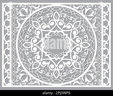 Traditional Moroccan vector wall panel design - mandala in floral recatngle frame or border in white on gray background Stock Vector