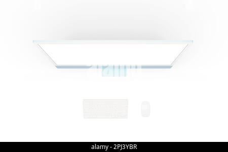 Computer display, keyboard and mouse view from above. Isolated screen for app or web page presentation. Top view, flat lay Stock Photo