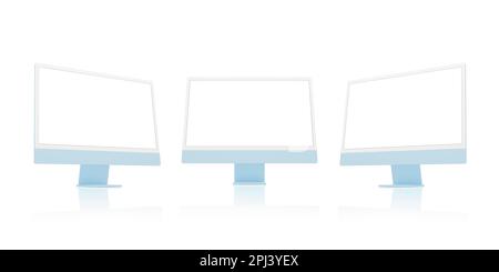 Three computer displays in side and front position. Isolated screen for app or web page presentation Stock Photo