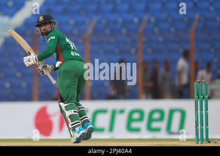 Litton Kumar Das bats during the third T20I match against Ireland at the Zahur Ahmed Chowdhury Stadium, Sagorika, Chattogram, Bangladesh. Stock Photo