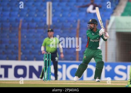 Litton Kumar Das bats during the third T20I match against Ireland at the Zahur Ahmed Chowdhury Stadium, Sagorika, Chattogram, Bangladesh. Stock Photo