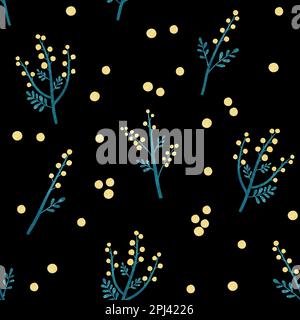 Mimosa seamless pattern. Yellow wild flowers, brunches and leaves on black background. Raster allover floral print Stock Photo