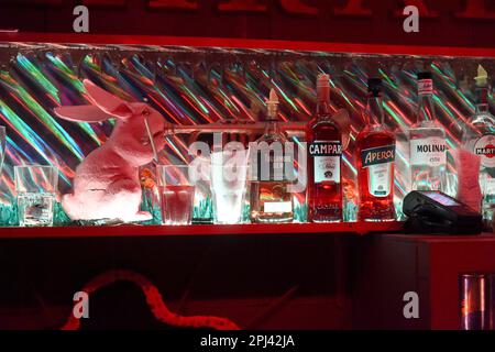 Munich, Germany. 27th Jan, 2023. Bottles are in a bar in the Harry Klein Club. The Harry Klein is located in the area of Sendlinger Tor, Sonnenstraße, Maximilansplatz, in the so-called Feierbanane. Credit: Felix Hörhager/dpa/Alamy Live News Stock Photo