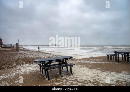 Brighton UK 31st March 2023 - A walker stops to take photographs on Brighton beach early this morning as Storm Mathis batters the South Coast today with winds forecast to reach 70mph in some areas : Credit Simon Dack / Alamy Live News Stock Photo