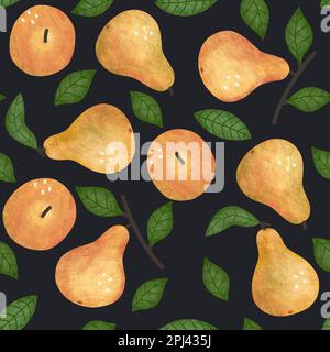 Pear seamless pattern. Textured hand drawn pear fruits on black background. Summer allover print Stock Photo